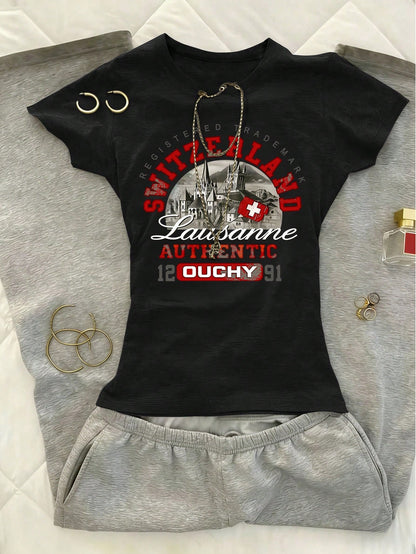 IslaSuriya White Ink Print Grey Women's Crew Neck Fitted Short Sleeve T-Shirt