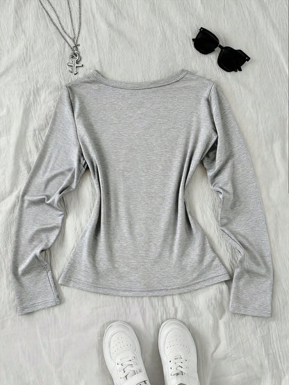 IslaSuriya Women's Letter Print V-Neck Casual Long Sleeve T-Shirt