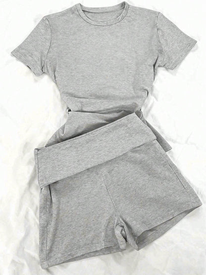 IslaSuriya Women's Minimalist Casual Grey 2 Pieces Set, Round Neck Comfortable Casual Outfit, Suitable For Spring/Summer Casual Daily Wear