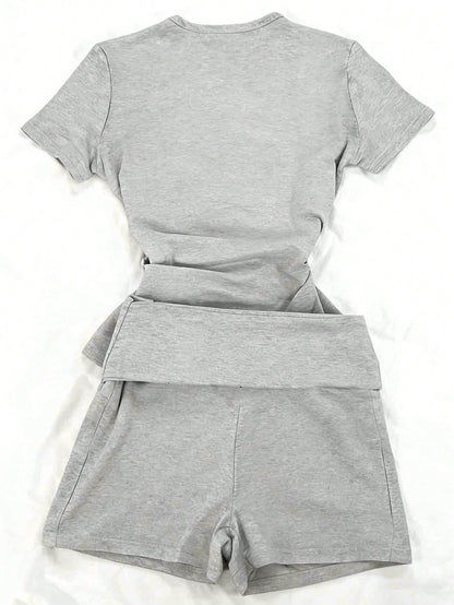 IslaSuriya Women's Minimalist Casual Grey 2 Pieces Set, Round Neck Comfortable Casual Outfit, Suitable For Spring/Summer Casual Daily Wear