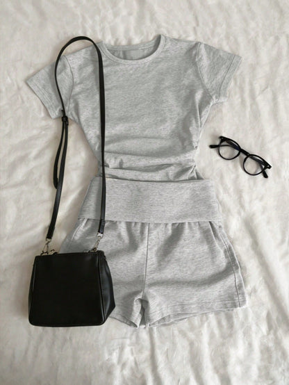 IslaSuriya Women's Minimalist Casual Grey 2 Pieces Set, Round Neck Comfortable Casual Outfit, Suitable For Spring/Summer Casual Daily Wear
