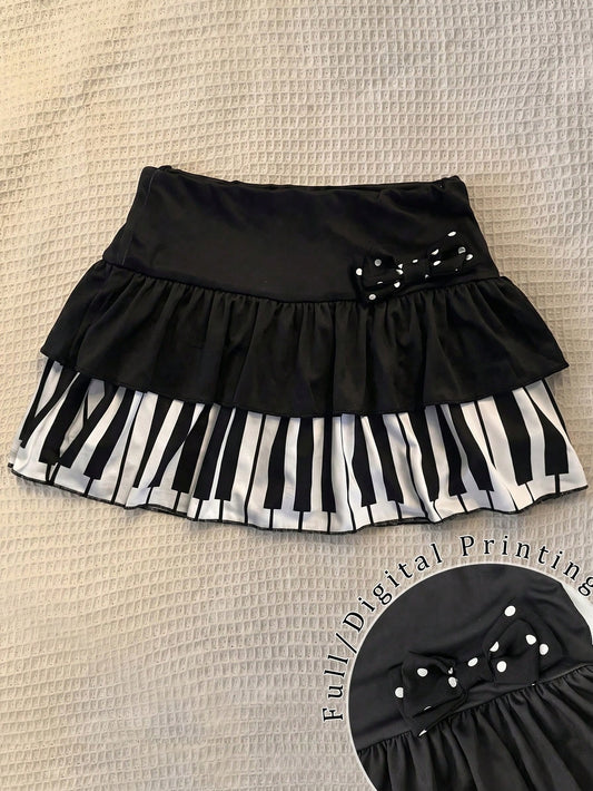 IslaSuriya Women's Retro 2000s Sweet Polka Dot 3D Bow Ruffle Mini Skirt With Piano Key Print Hem