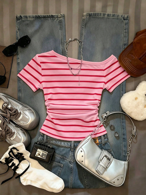 IslaSuriya Women's Striped Print Asymmetric Collar Casual Short Sleeve T-Shirt, Summer