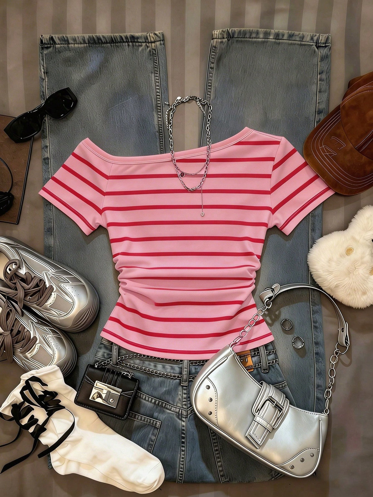IslaSuriya Women's Striped Print Asymmetric Collar Casual Short Sleeve T-Shirt, Summer