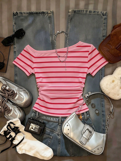 IslaSuriya Women's Striped Print Asymmetric Collar Casual Short Sleeve T-Shirt, Summer