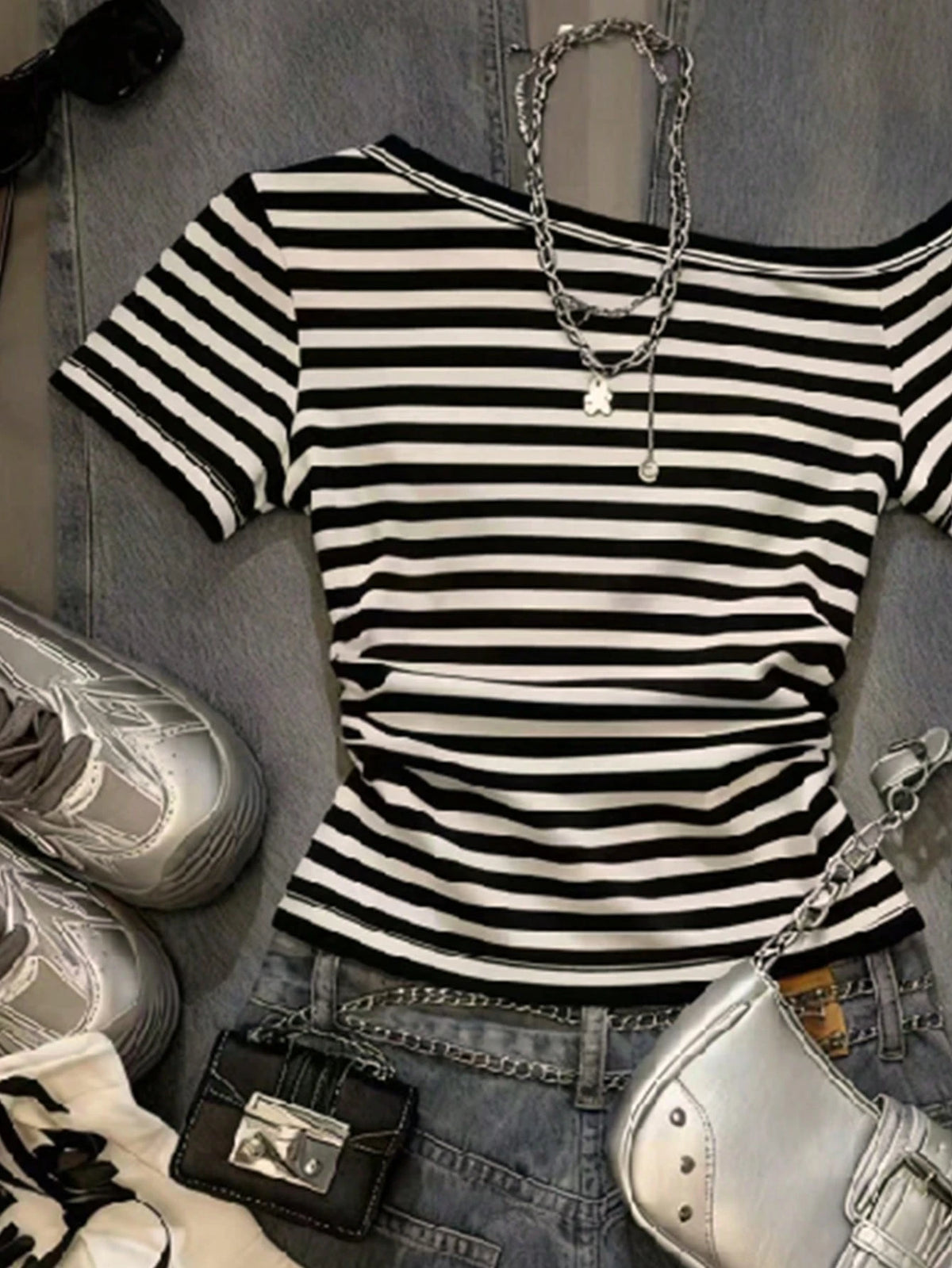 IslaSuriya Women's Striped Print Asymmetric Collar Casual Short Sleeve T-Shirt, Summer