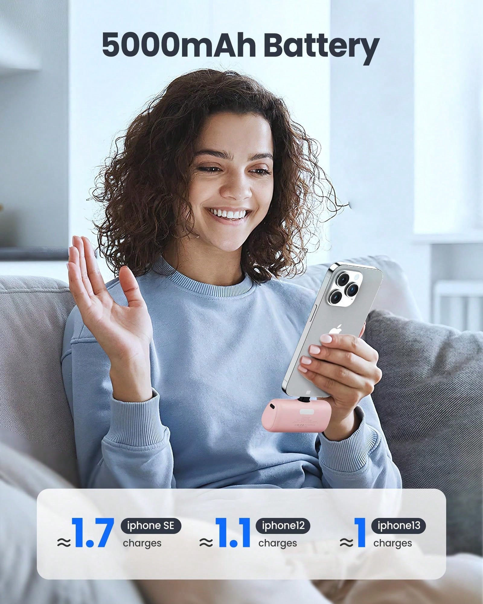 JAMJAKE 5000mAh Small Portable Charger For Phone With Built In Cable, Power Bank With LCD Display & LED Light For All Phone Series Lightning Port Built-In Direct Charging Fast Charging Phone Small Por
