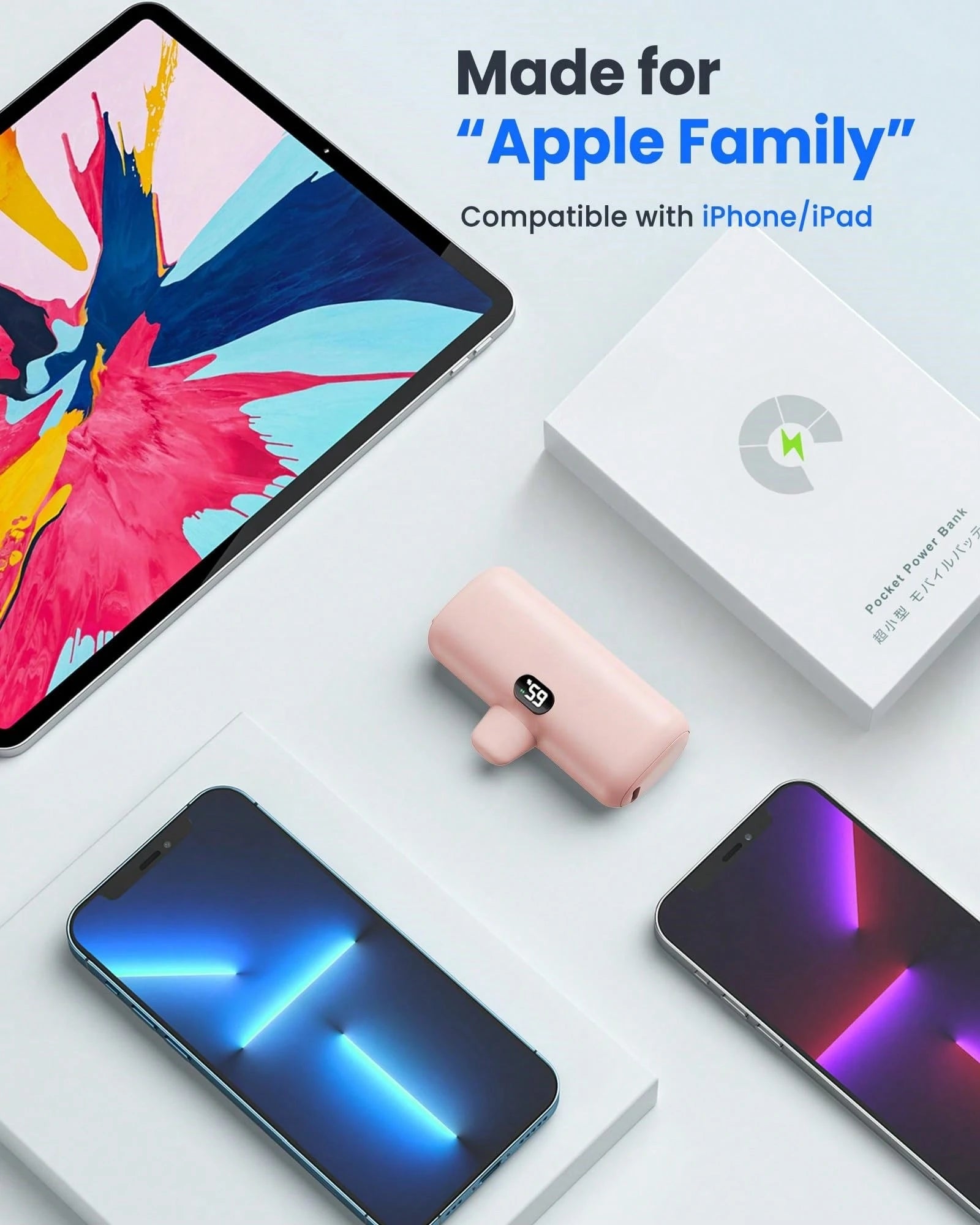 JAMJAKE 5000mAh Small Portable Charger For Phone With Built In Cable, Power Bank With LCD Display & LED Light For All Phone Series Lightning Port Built-In Direct Charging Fast Charging Phone Small Por