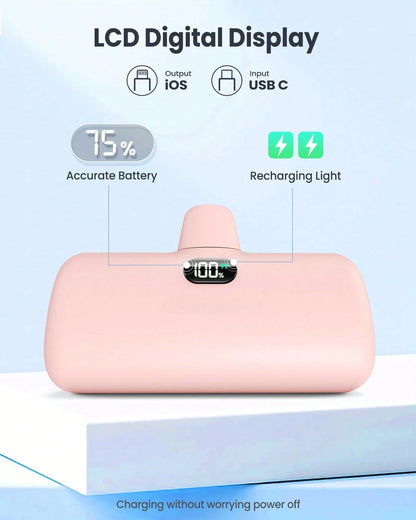 JAMJAKE 5000mAh Small Portable Charger For Phone With Built In Cable, Power Bank With LCD Display & LED Light For All Phone Series Lightning Port Built-In Direct Charging Fast Charging Phone Small Por