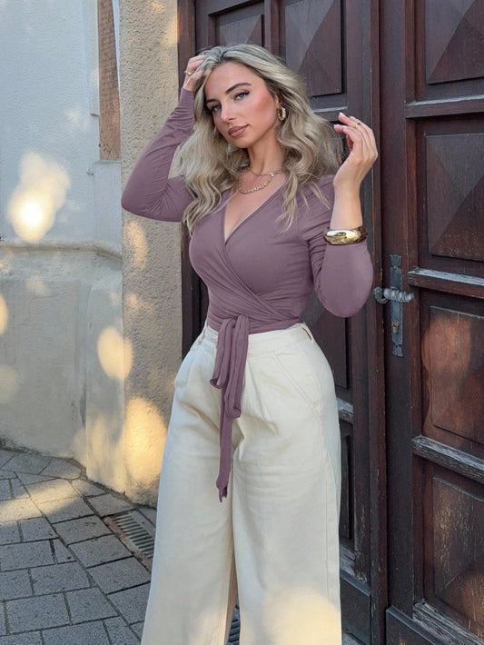 Jeta Ari Pink Yoga Fitness Sports Highly Elastic Soft Wrap V-Neck Long Sleeve Cropped Tight T-Shirt, Fashion Minimalist Casual Elegant All-Match Wardrobe Essential Design For Women, Spring/Autumn