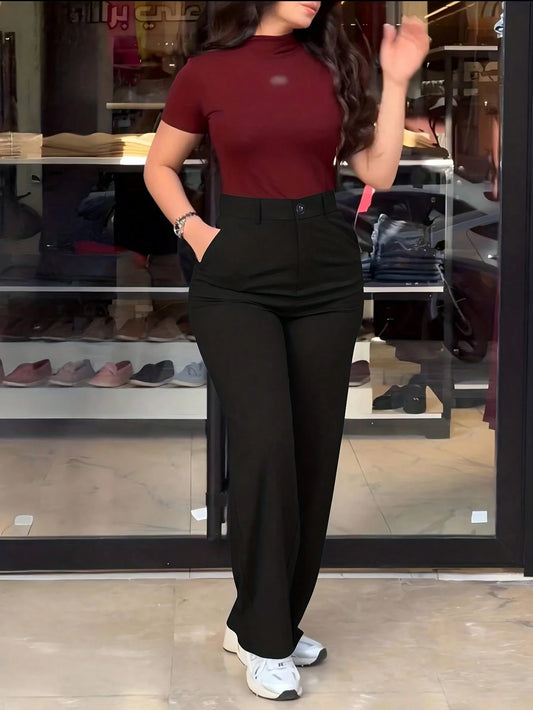 Jisfaneya Solid-Color Pocketed, Zipper-Front, Button-Down Straight-Leg Suit-Style Pants-Elegant And Stylish, Perfect For The Office And Everyday Wear