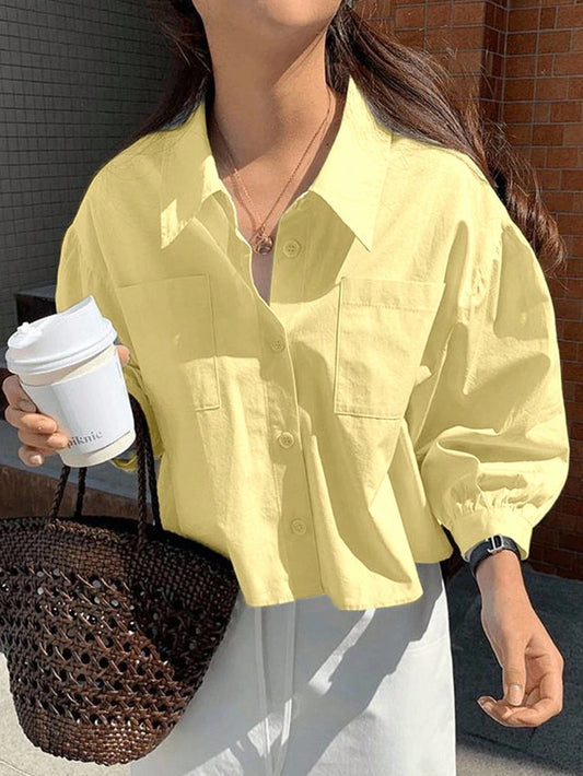 Jouncy Casual Loose Solid Color Cropped Long Sleeve Shirt