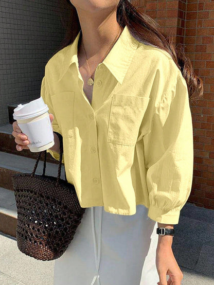 Jouncy Casual Loose Solid Color Cropped Long Sleeve Shirt