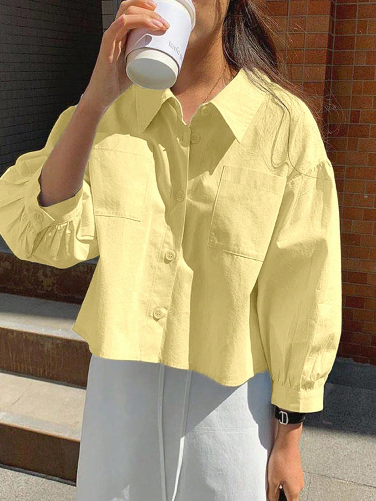 Jouncy Casual Loose Solid Color Cropped Long Sleeve Shirt