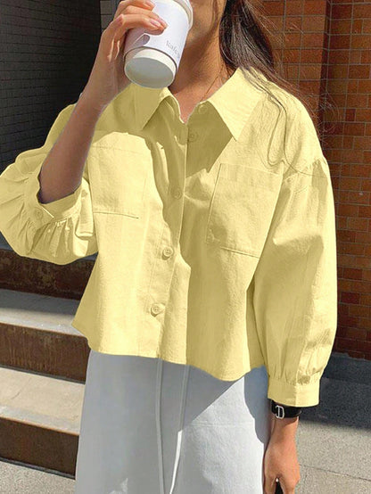 Jouncy Casual Loose Solid Color Cropped Long Sleeve Shirt