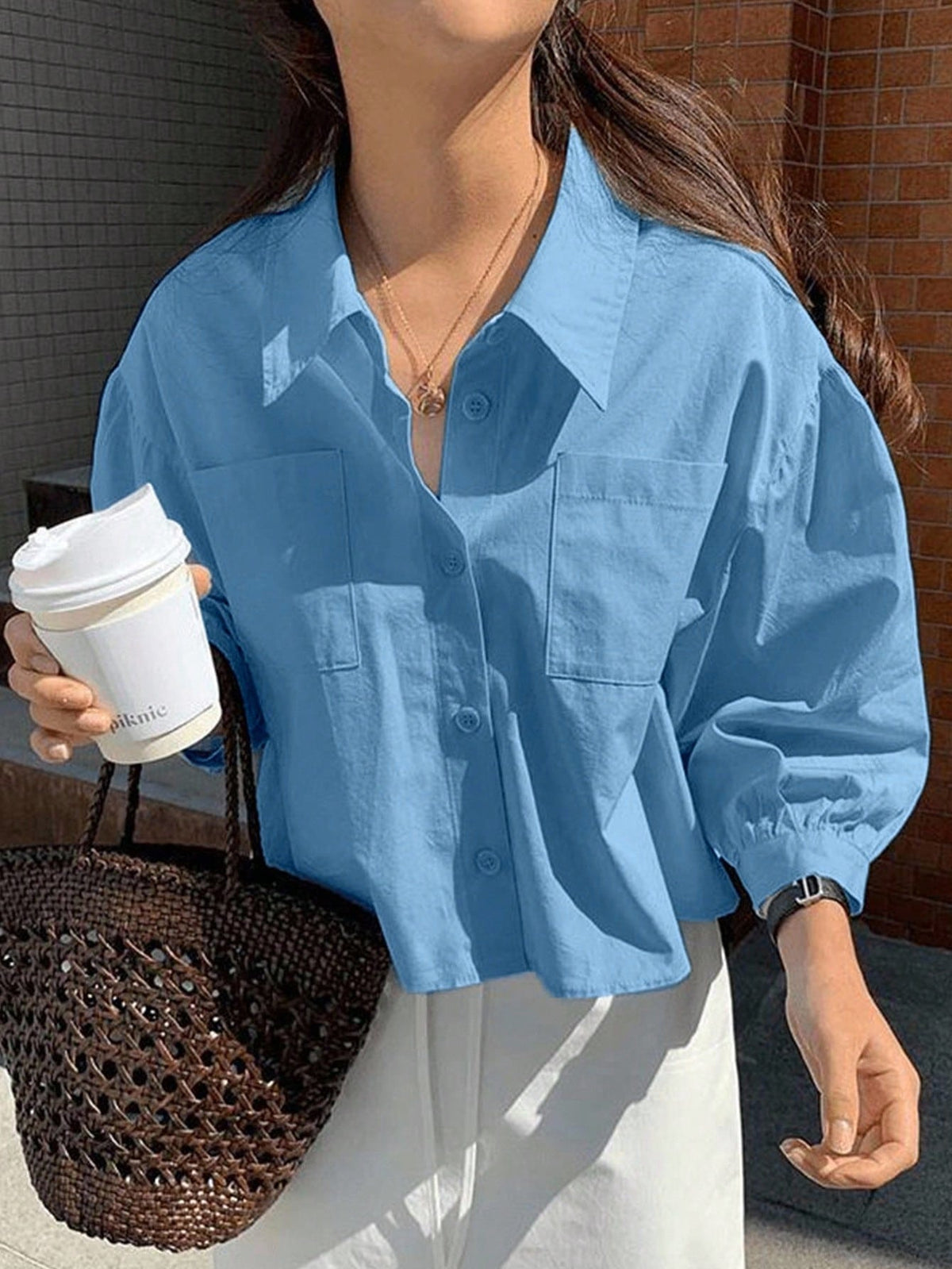 Jouncy Women's Casual Everyday Commute Minimalist Solid Color Drop Shoulder Loose Patchwork Pocket Cropped Shirt, Spring/Autumn