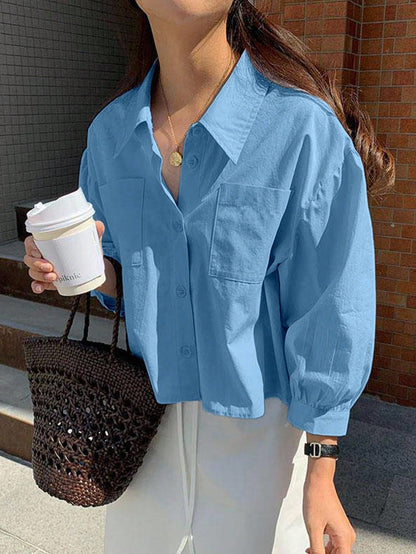 Jouncy Women's Casual Everyday Commute Minimalist Solid Color Drop Shoulder Loose Patchwork Pocket Cropped Shirt, Spring/Autumn