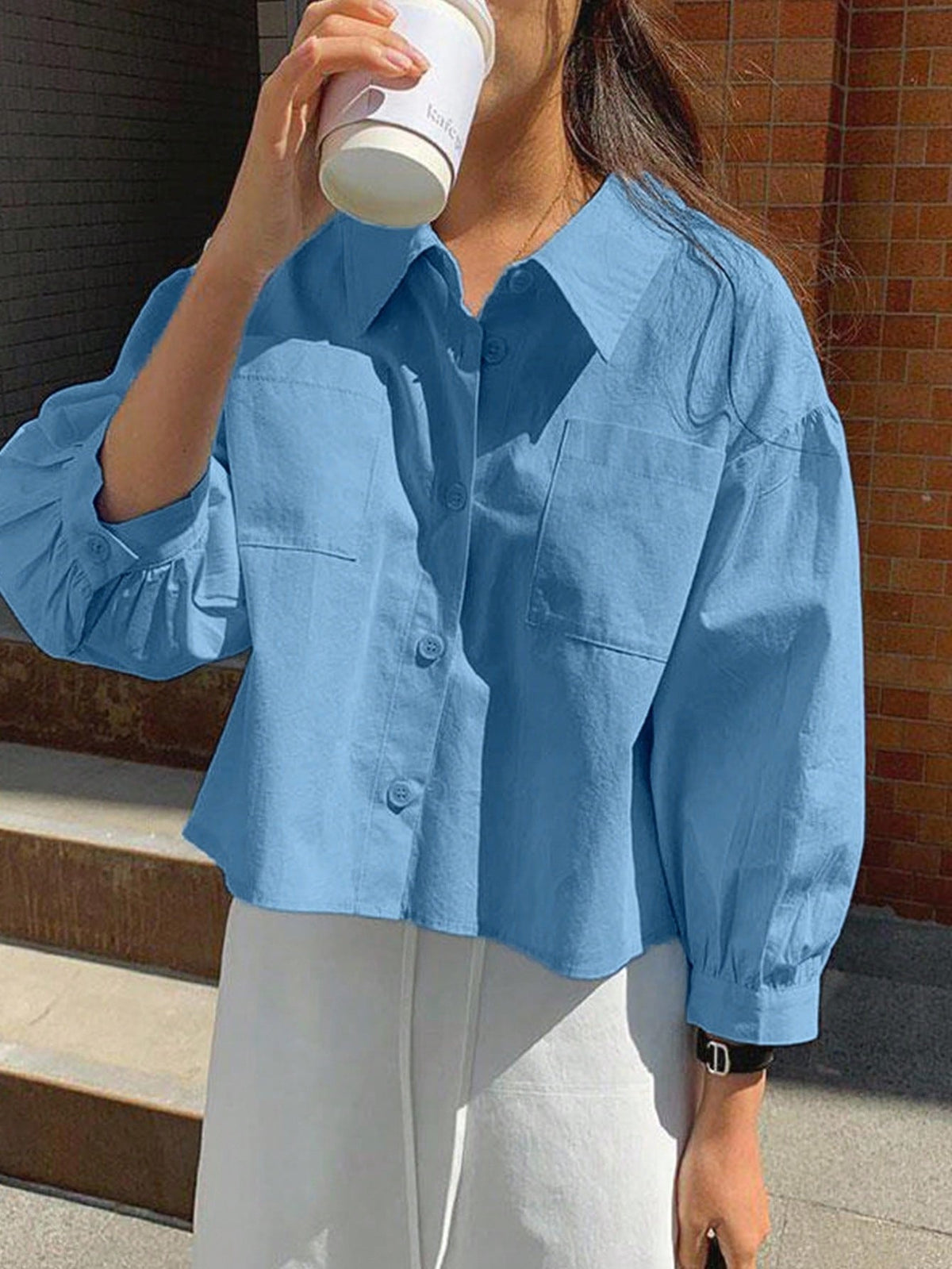 Jouncy Women's Casual Everyday Commute Minimalist Solid Color Drop Shoulder Loose Patchwork Pocket Cropped Shirt, Spring/Autumn