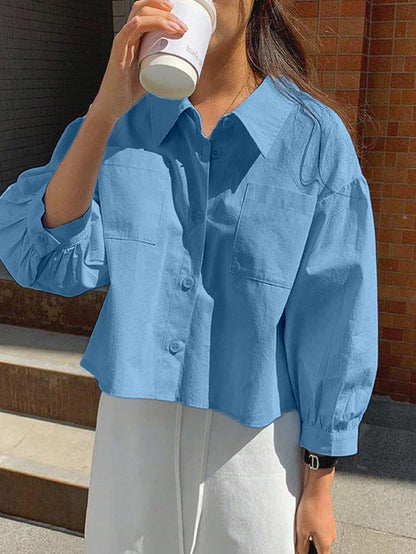 Jouncy Women's Casual Everyday Commute Minimalist Solid Color Drop Shoulder Loose Patchwork Pocket Cropped Shirt, Spring/Autumn