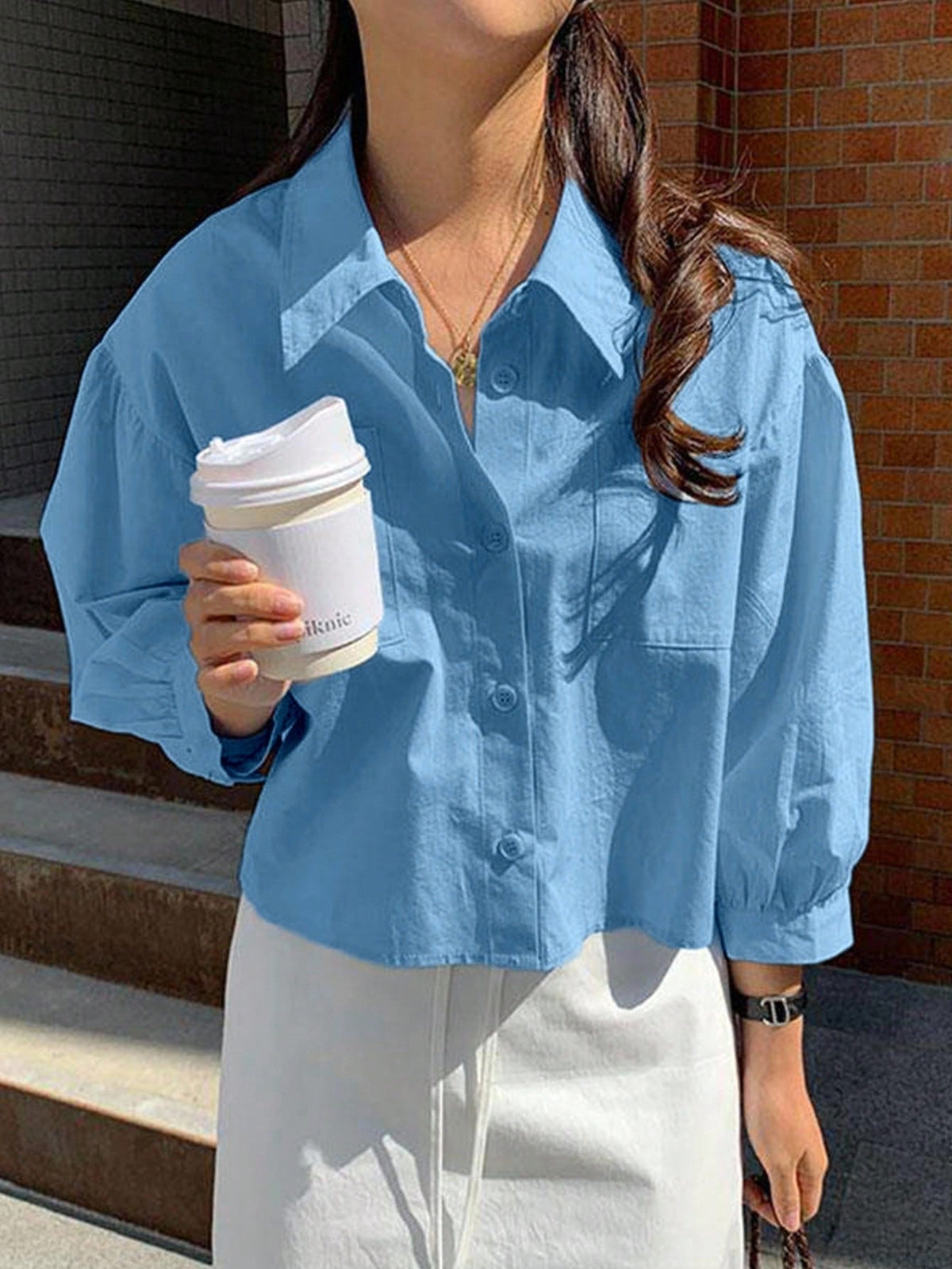 Jouncy Women's Casual Everyday Commute Minimalist Solid Color Drop Shoulder Loose Patchwork Pocket Cropped Shirt, Spring/Autumn