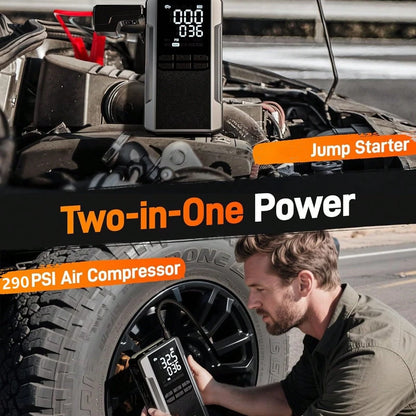 Jump Starter With 290PSI Air Compressor, 12V Car Battery Booster, Portable Jump Box (10.0 Gas/10.0L ) Tire Inflator, Jumper Cables, And LED Light (Jump Starter With Air Compressor)