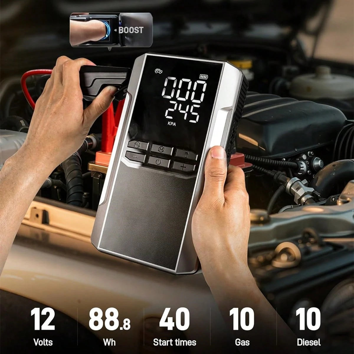 Jump Starter With 290PSI Air Compressor, 12V Car Battery Booster, Portable Jump Box (10.0 Gas/10.0L ) Tire Inflator, Jumper Cables, And LED Light (Jump Starter With Air Compressor)