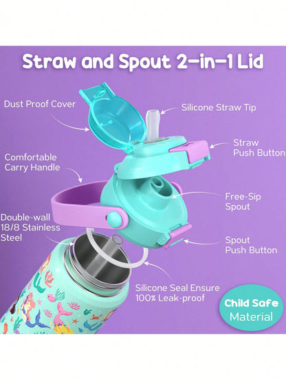 Kids Insulated Water Bottle With Pop-Open Straw & Spout 2-In-1 Lid,14oz Kids Cups With Stainless Steel Leak Proof For School Travel, Back To School