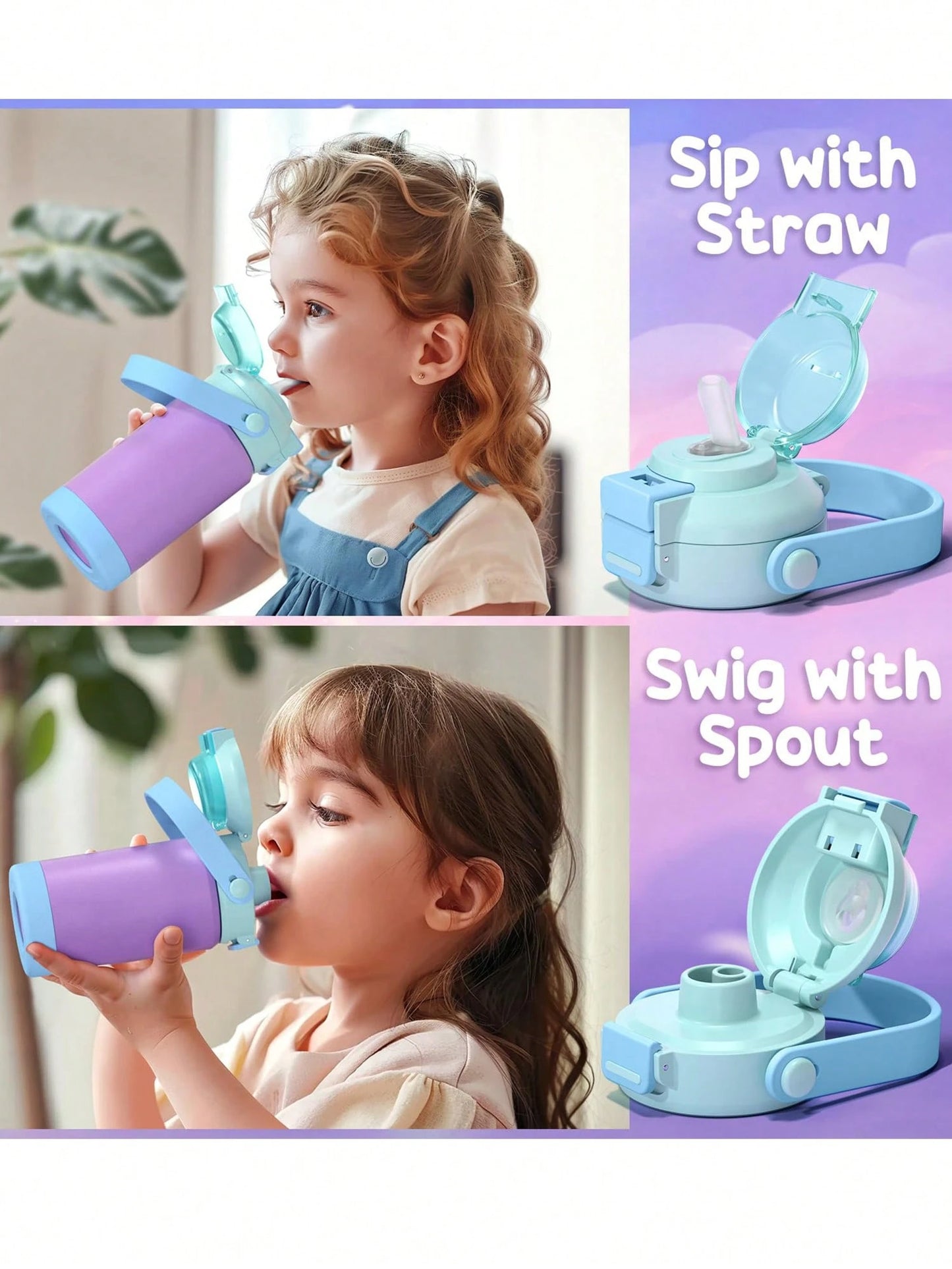 Kids Insulated Water Bottle With Pop-Open Straw & Spout 2-In-1 Lid,14oz Kids Cups With Stainless Steel Leak Proof For School Travel, Back To School