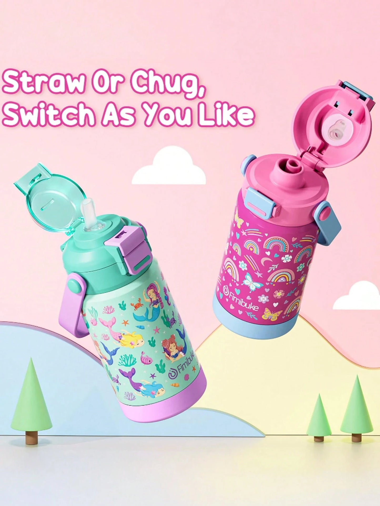 Kids Insulated Water Bottle With Pop-Open Straw & Spout 2-In-1 Lid,14oz Kids Cups With Stainless Steel Leak Proof For School Travel, Back To School