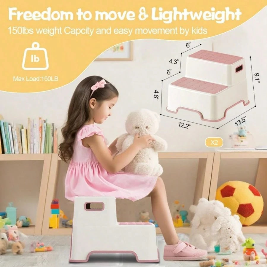 Kids Non Slip Step Stool, 2 Pack Toddler Bathroom Stool For Sink, Toilet Training & Kitchen Helper