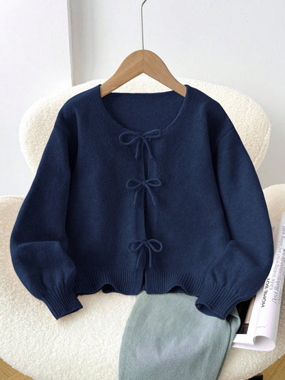 Kids Tween Girl Loose Casual Cute Minimalist Comfortable Round Neck Long Sleeve Tie Bow Polka Dot Winter Cardigan Navy Blue Autumn Back-To-School