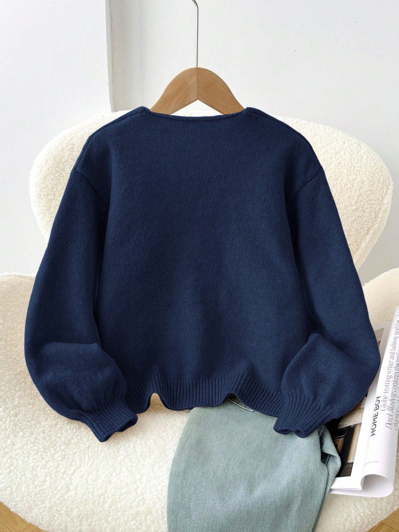 Kids Tween Girl Loose Casual Cute Minimalist Comfortable Round Neck Long Sleeve Tie Bow Polka Dot Winter Cardigan Navy Blue Autumn Back-To-School
