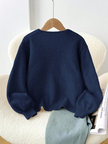Kids Tween Girl Loose Casual Cute Minimalist Comfortable Round Neck Long Sleeve Tie Bow Polka Dot Winter Cardigan Navy Blue Autumn Back-To-School