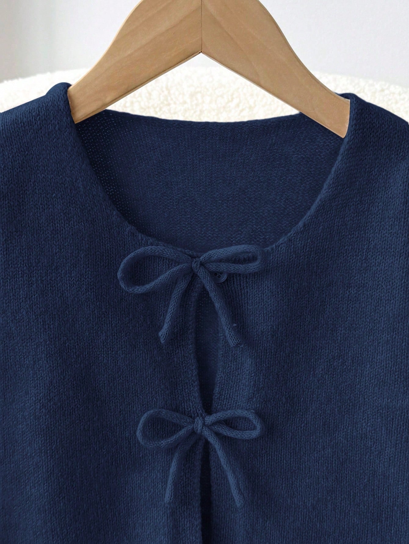 Kids Tween Girl Loose Casual Cute Minimalist Comfortable Round Neck Long Sleeve Tie Bow Polka Dot Winter Cardigan Navy Blue Autumn Back-To-School