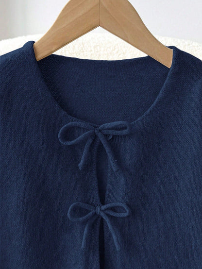 Kids Tween Girl Loose Casual Cute Minimalist Comfortable Round Neck Long Sleeve Tie Bow Polka Dot Winter Cardigan Navy Blue Autumn Back-To-School