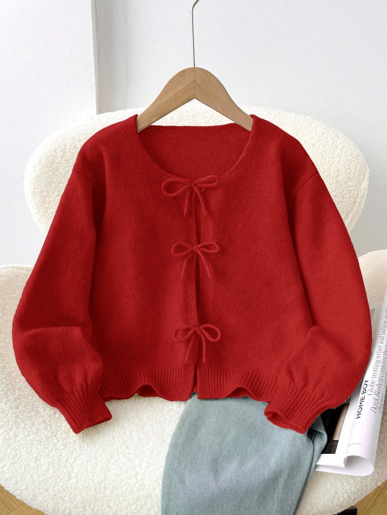 Kids Tween Girl Loose Casual Cute Minimalist Comfortable Round Neck Long Sleeve Tie Bow Polka Dot Winter Cardigan Navy Blue Autumn Back-To-School