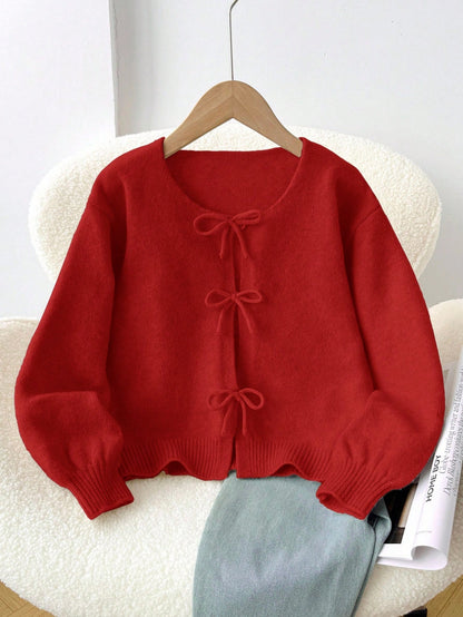 Kids Tween Girl Loose Casual Cute Minimalist Comfortable Round Neck Long Sleeve Tie Bow Polka Dot Winter Cardigan Navy Blue Autumn Back-To-School