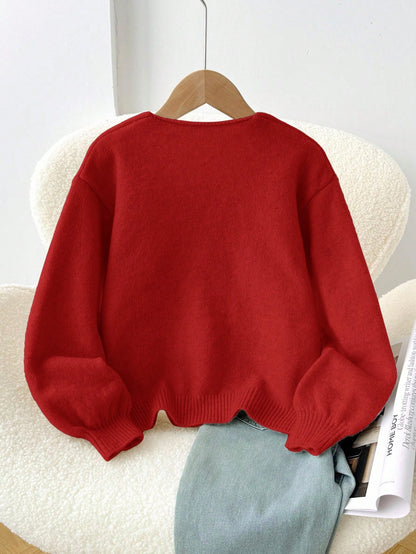 Kids Tween Girl Loose Casual Cute Minimalist Comfortable Round Neck Long Sleeve Tie Bow Polka Dot Winter Cardigan Navy Blue Autumn Back-To-School
