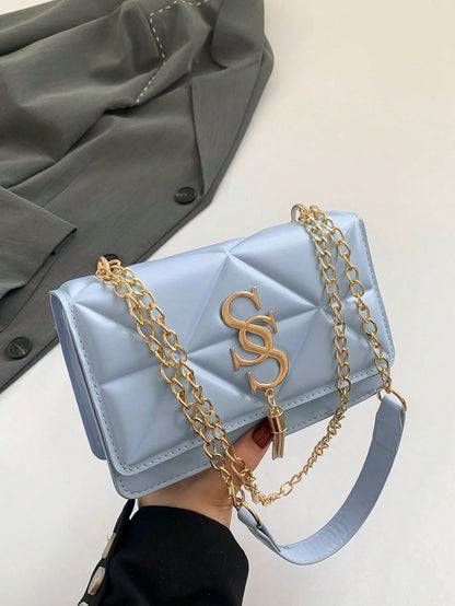 Korean Quilted Letter Pattern Women's Casual Crossbody Bag, 2024 New Fashion Influencer Minimalist Small Square Shoulder Bag