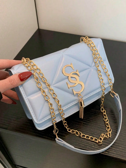 Korean Quilted Letter Pattern Women's Casual Crossbody Bag, 2024 New Fashion Influencer Minimalist Small Square Shoulder Bag