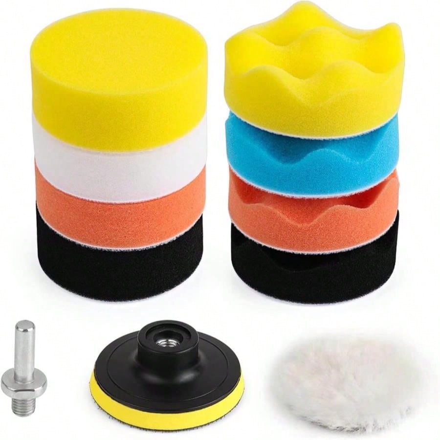 Kshineni 3 Inch Drill Buffing Pad, 11 Pcs Car Foam Polishing Pads Kit, Drill Buffer Polisher Attachment Buffing Kit For Car Polishing, Waxing, Sealing Glaze