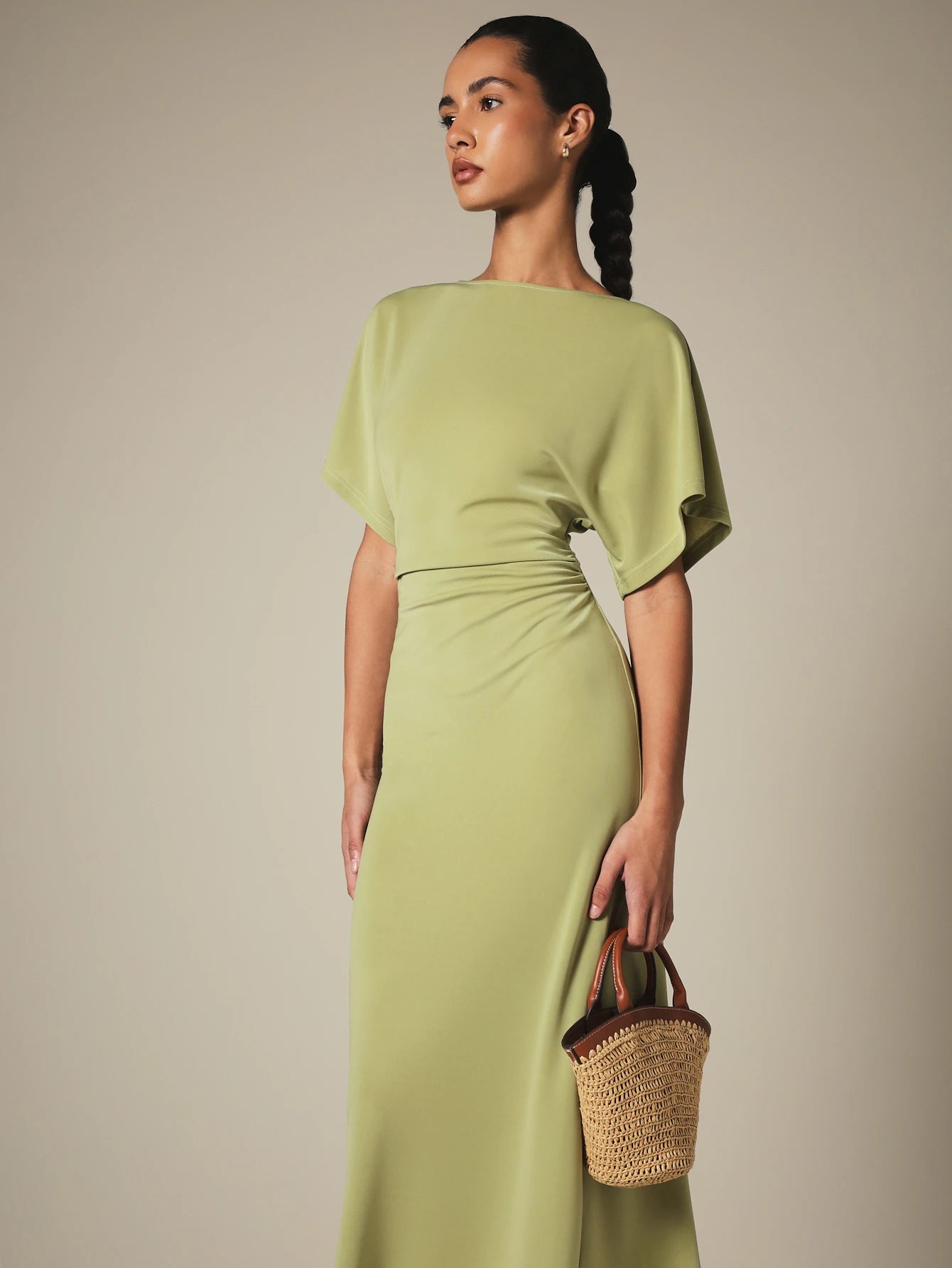KSTM Bateau Neck Midi Dress With Dolman Sleeves, Ruched Waist Detail, And Back Slit- Spring Summer