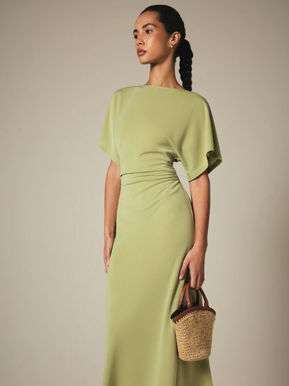 KSTM Bateau Neck Midi Dress With Dolman Sleeves, Ruched Waist Detail, And Back Slit- Spring Summer