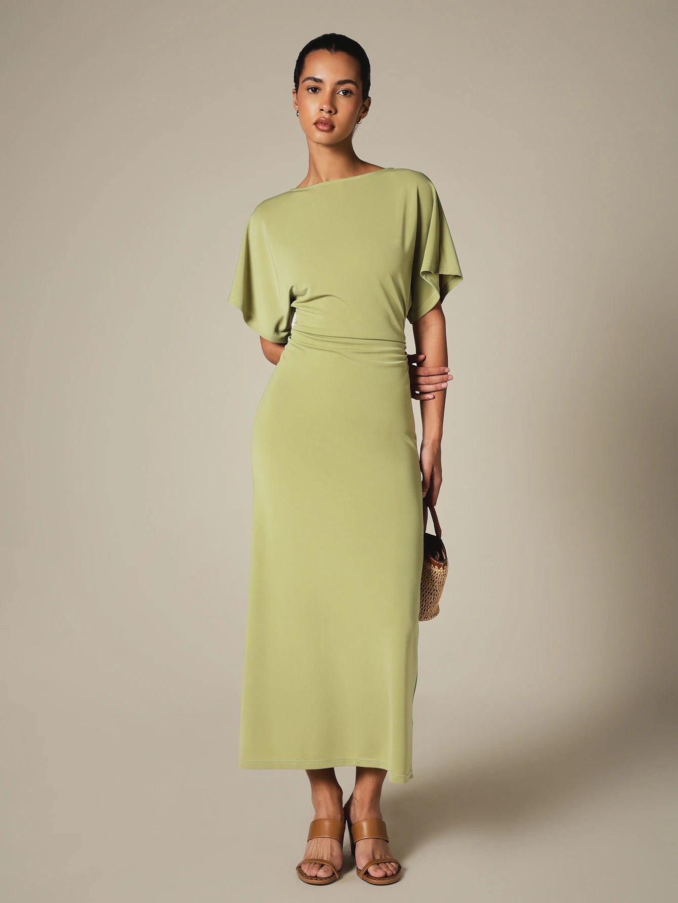 KSTM Bateau Neck Midi Dress With Dolman Sleeves, Ruched Waist Detail, And Back Slit- Spring Summer
