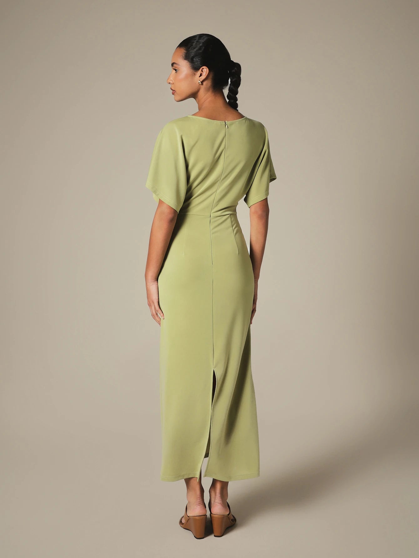 KSTM Bateau Neck Midi Dress With Dolman Sleeves, Ruched Waist Detail, And Back Slit- Spring Summer