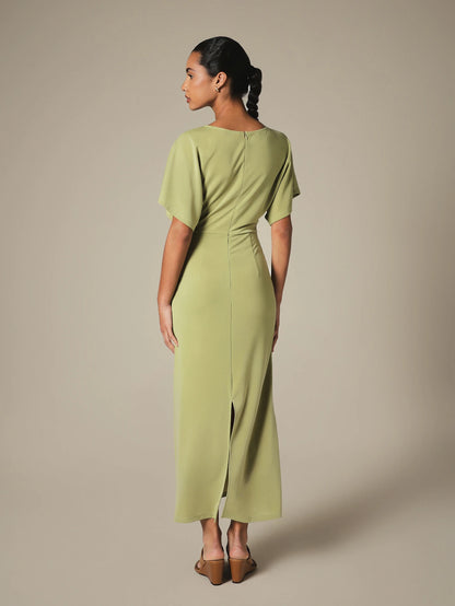 KSTM Bateau Neck Midi Dress With Dolman Sleeves, Ruched Waist Detail, And Back Slit- Spring Summer
