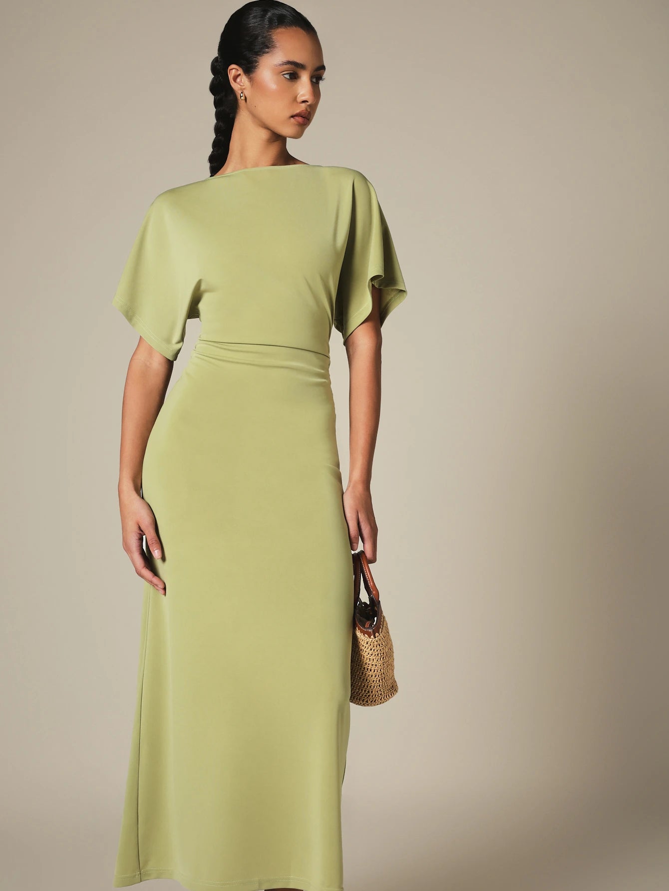 KSTM Bateau Neck Midi Dress With Dolman Sleeves, Ruched Waist Detail, And Back Slit- Spring Summer