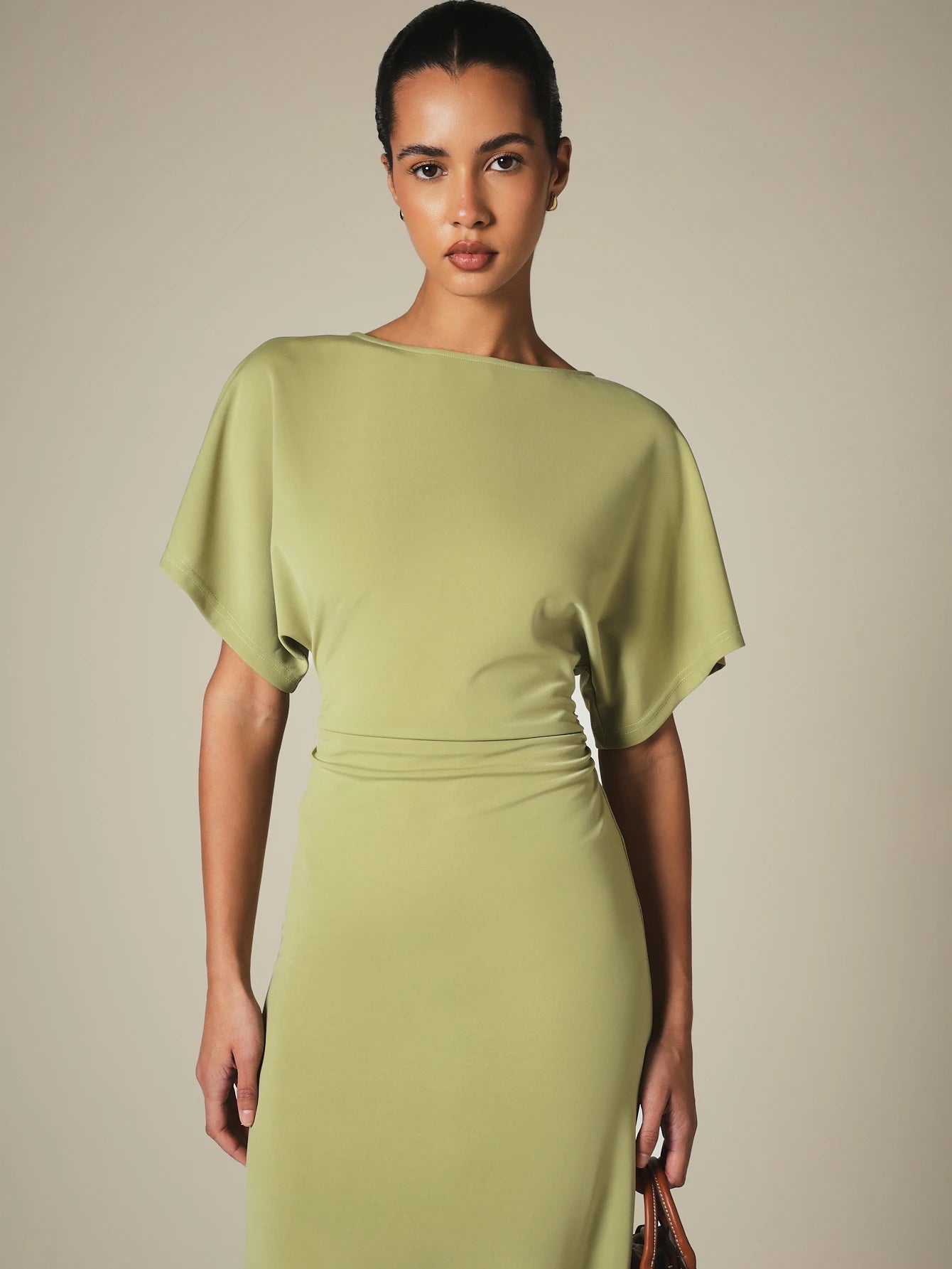 KSTM Bateau Neck Midi Dress With Dolman Sleeves, Ruched Waist Detail, And Back Slit- Spring Summer