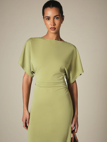 KSTM Bateau Neck Midi Dress With Dolman Sleeves, Ruched Waist Detail, And Back Slit- Spring Summer