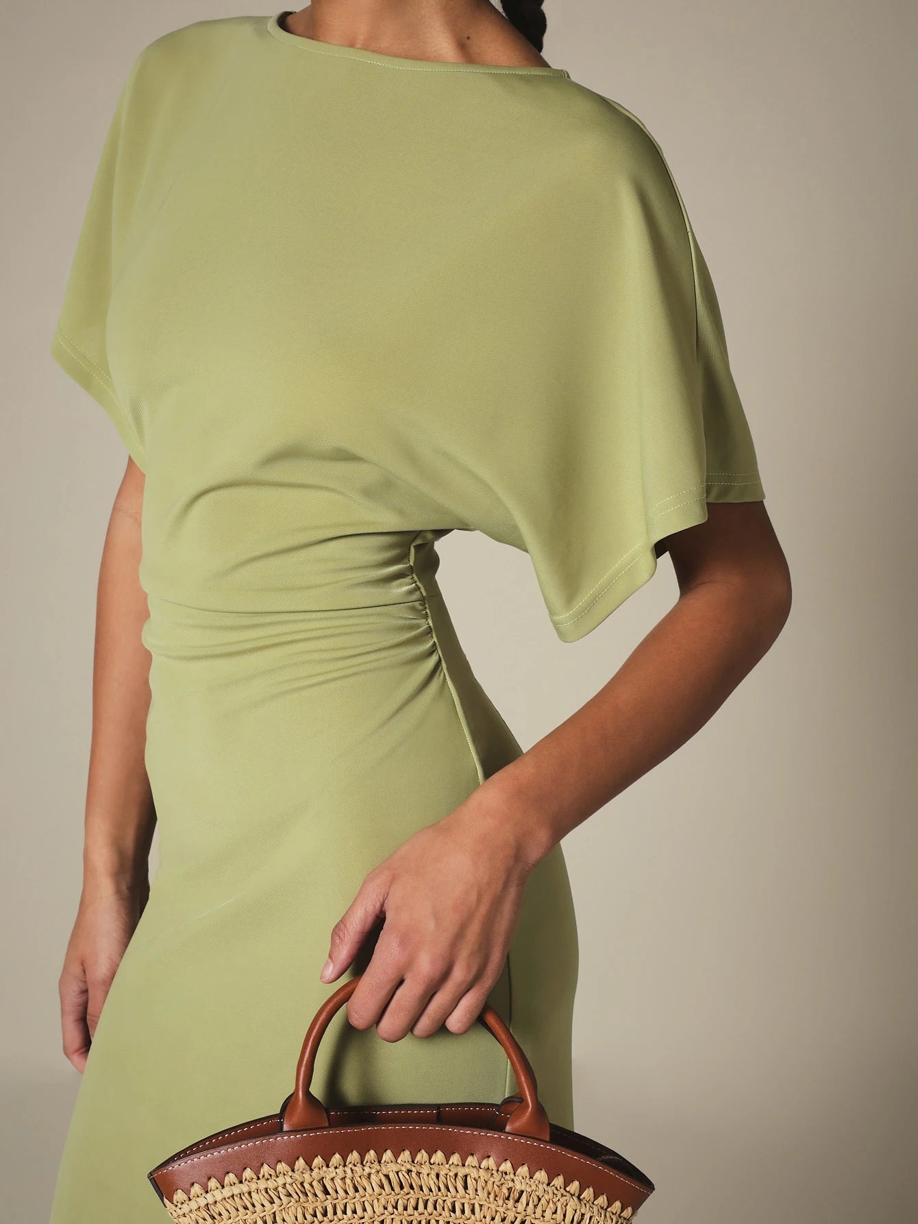 KSTM Bateau Neck Midi Dress With Dolman Sleeves, Ruched Waist Detail, And Back Slit- Spring Summer